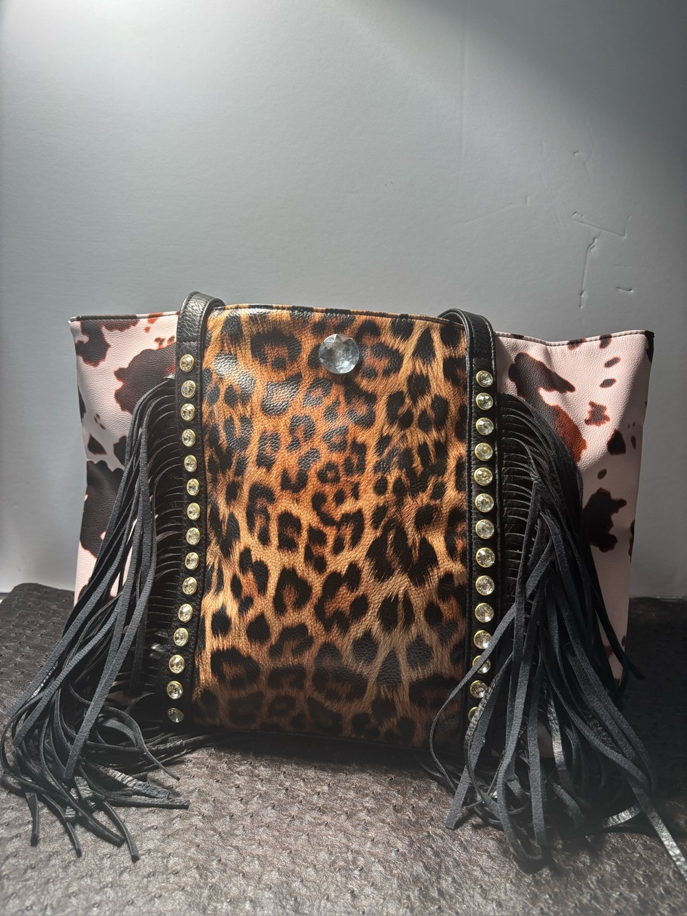 COWGIRL GLAM! Western Boho Leopard Cow Fringe Rhinestone Tote Bag-Faux Leather